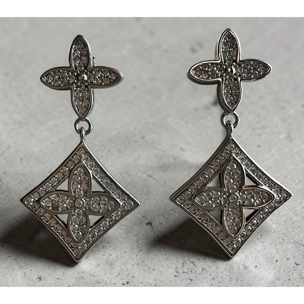 Louis Vuitton Silver LV Monogram Flower Crystal Dangle Drop Earrings (LVXX020) - Picture 4 of 7